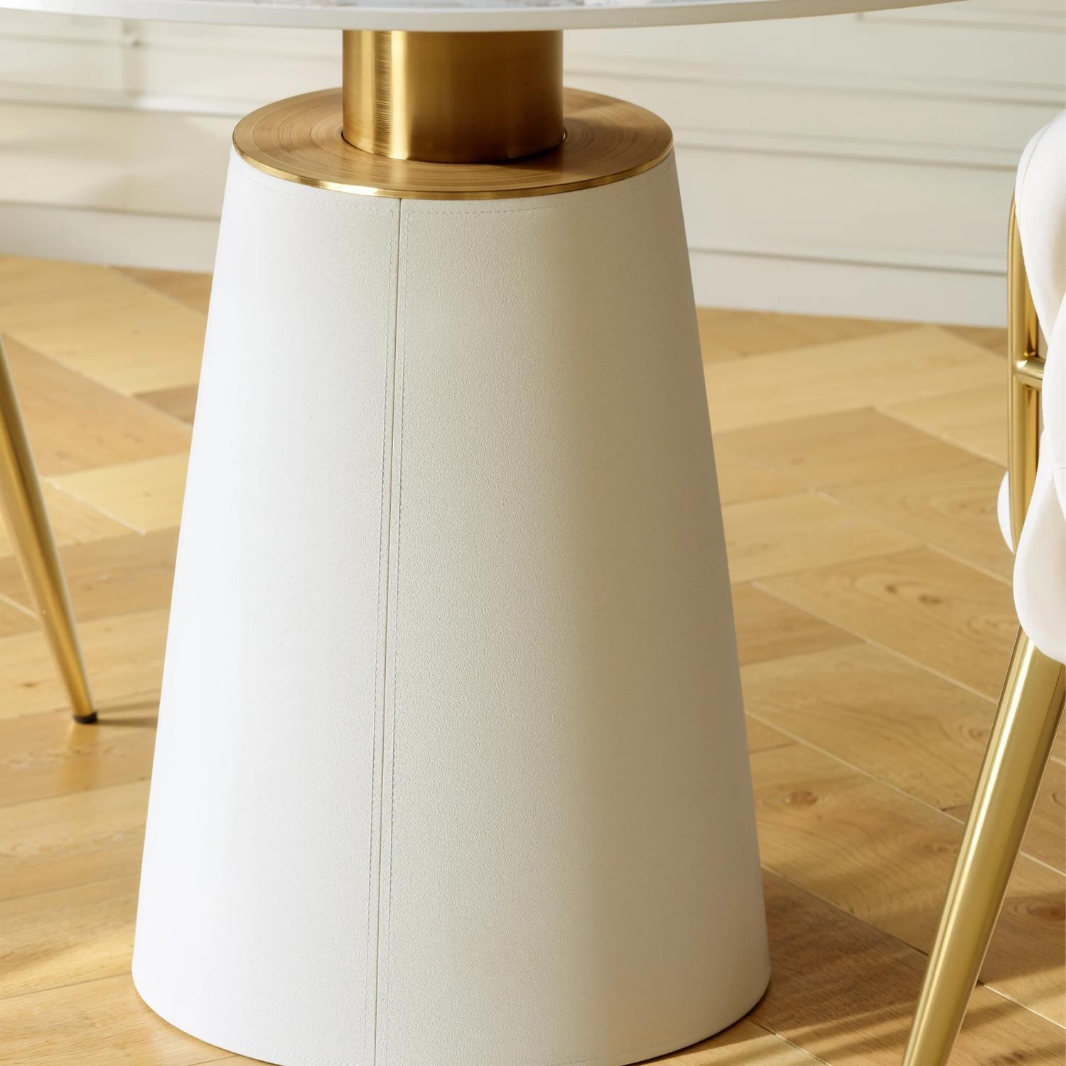 Tierra Round Dining Table – Marble Look Stone – Gold Base