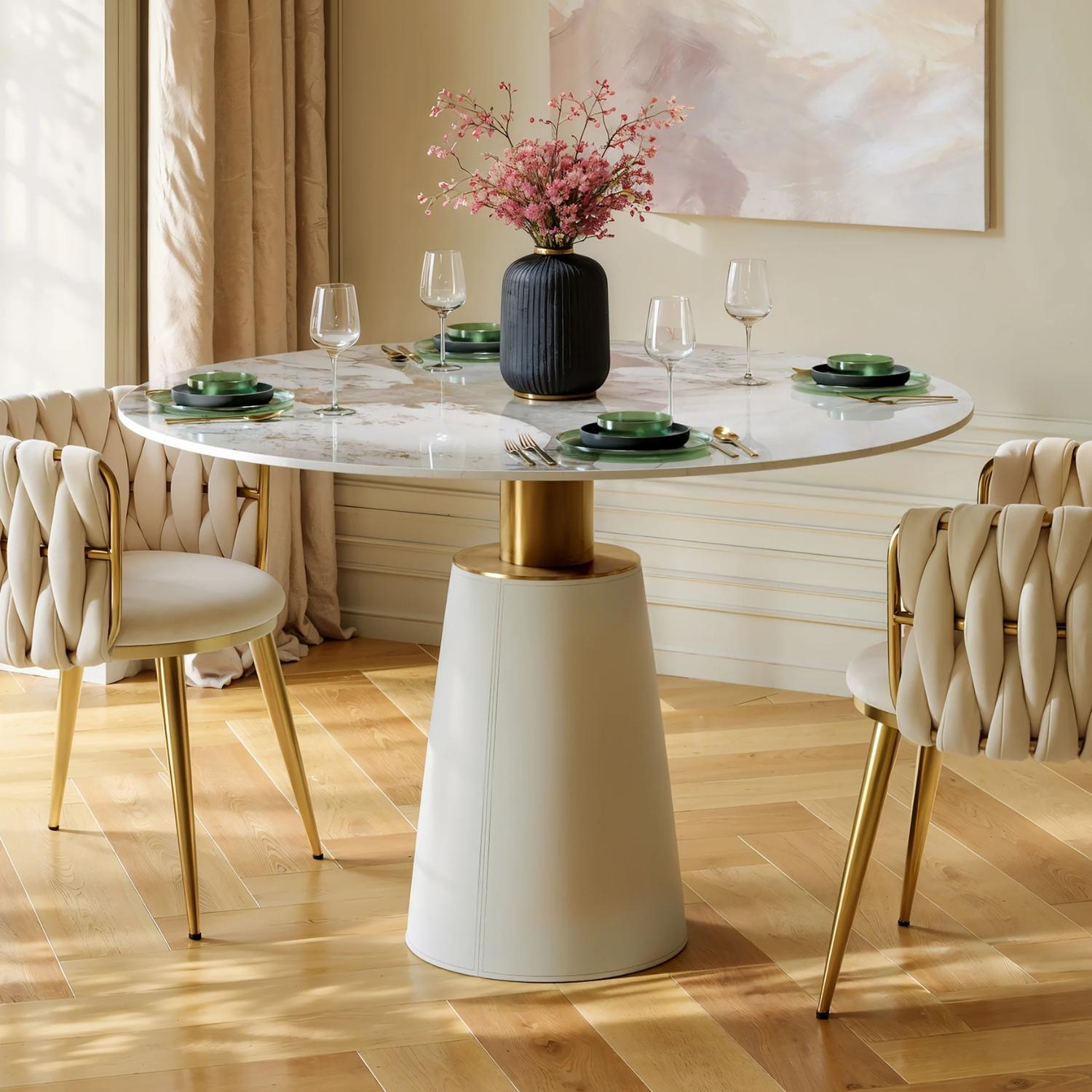 Tierra Round Dining Table – Marble Look Stone – Gold Base