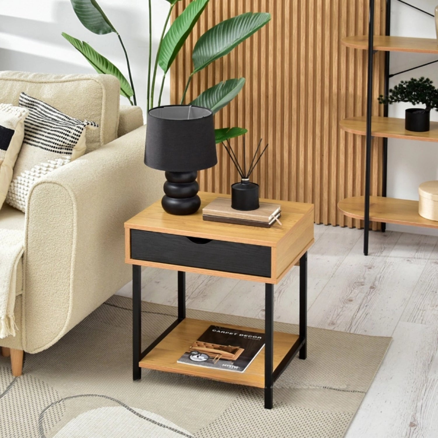 Nelle Oak and Black Bedside Table with USB Ports