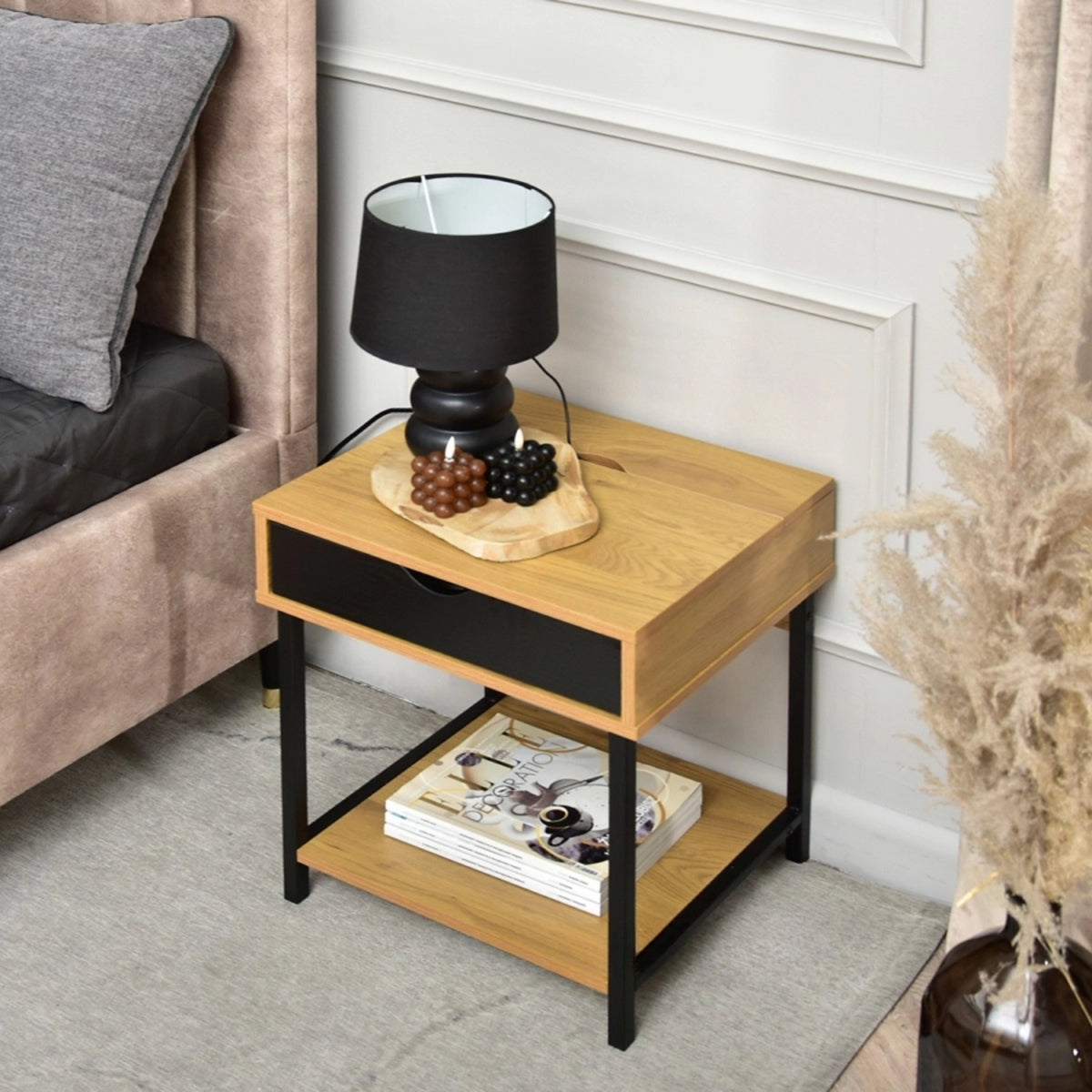 Nelle Oak and Black Bedside Table with USB Ports