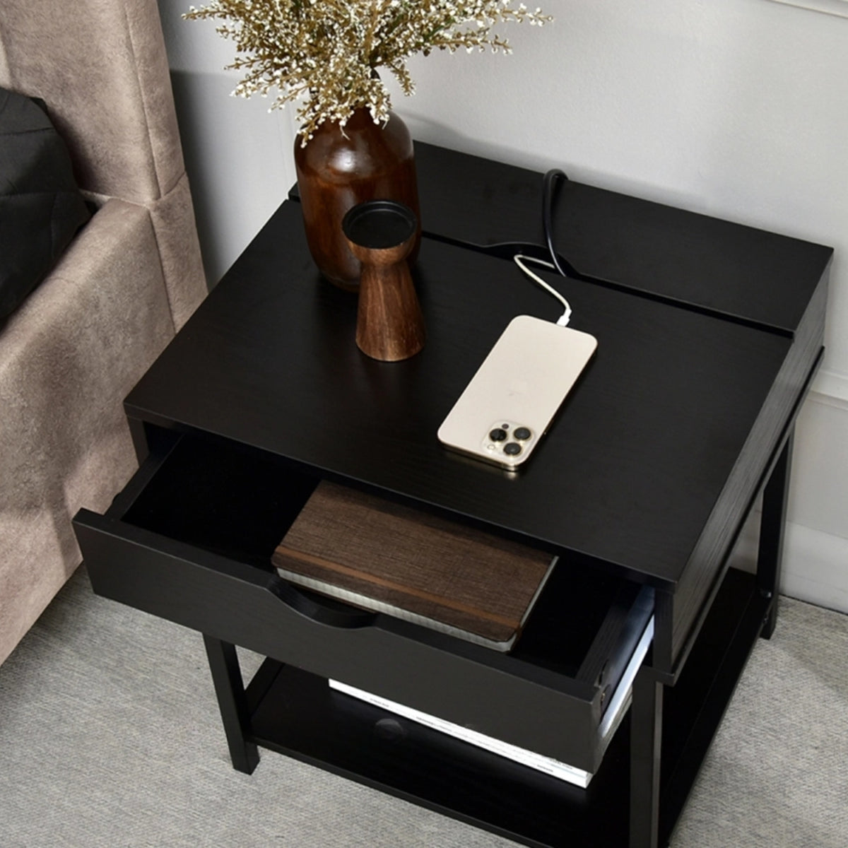 Nelle Black Bedside Table with USB Ports