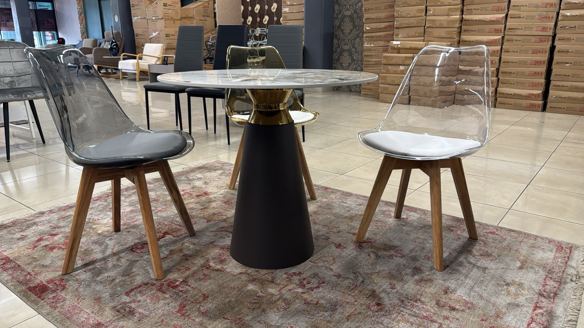 Tierra Round Dining Table – Marble Look Stone – Gold Base