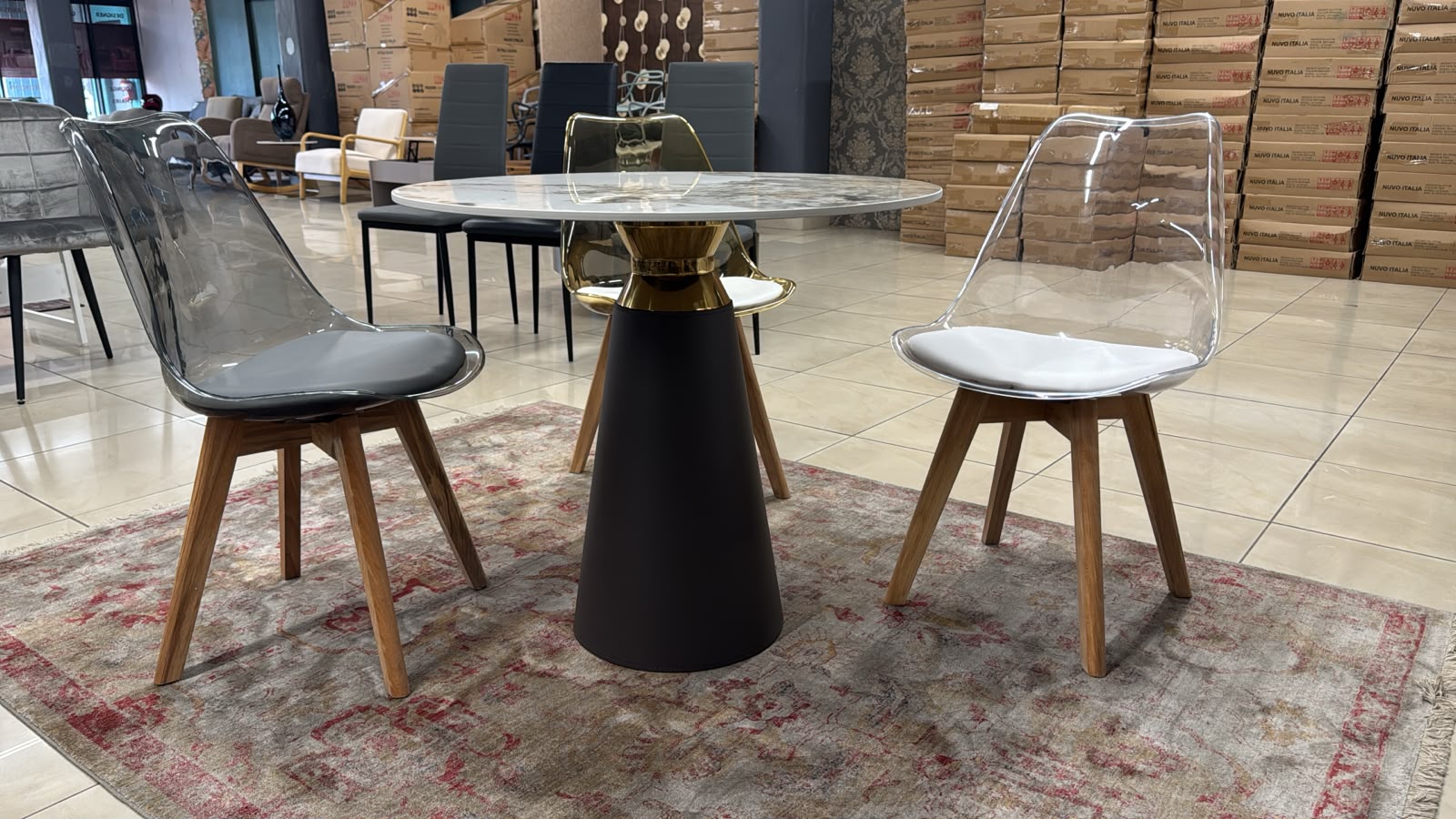 Tierra Round Dining Table – Marble Look Stone – Gold Base