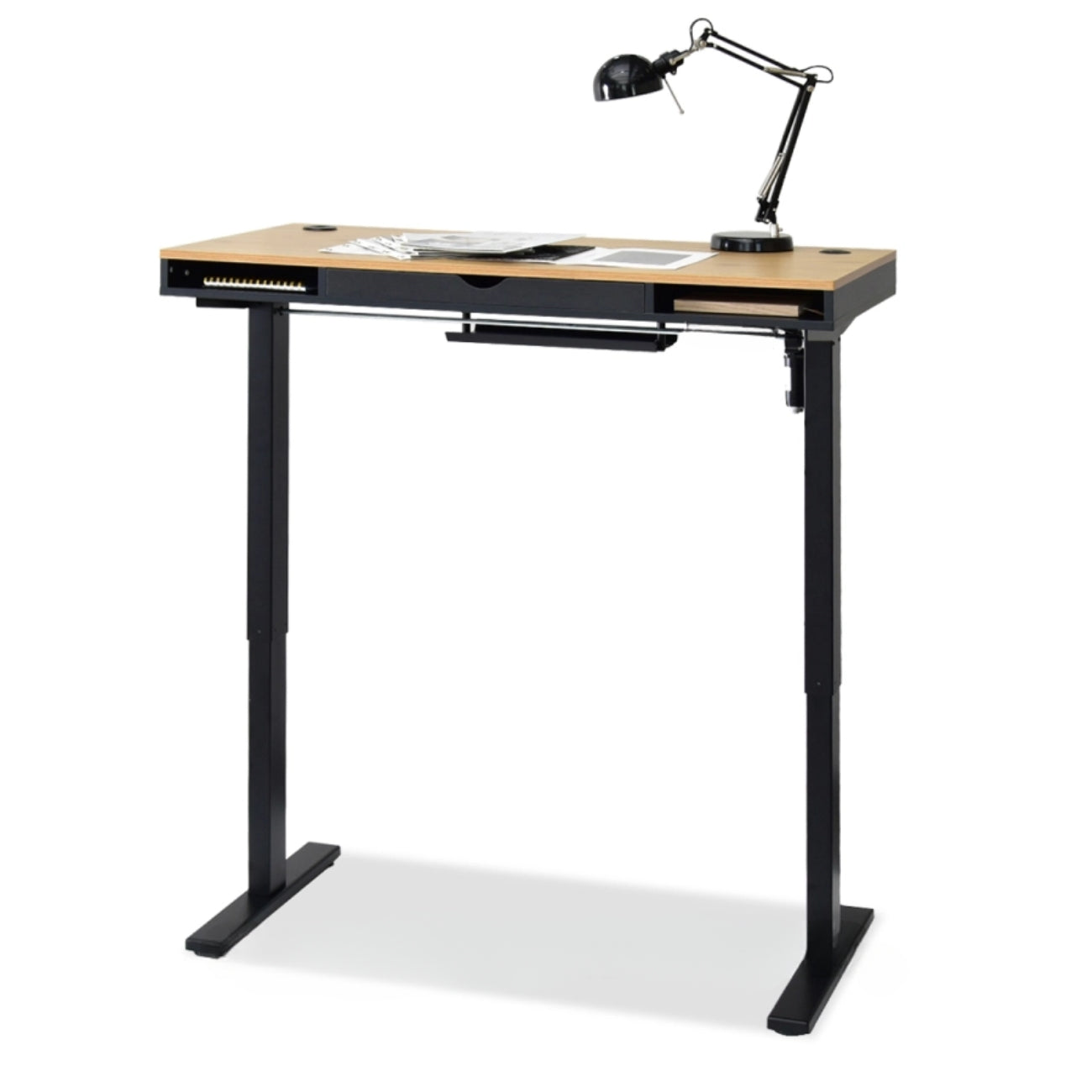 Apex electric standing desk sitting position.