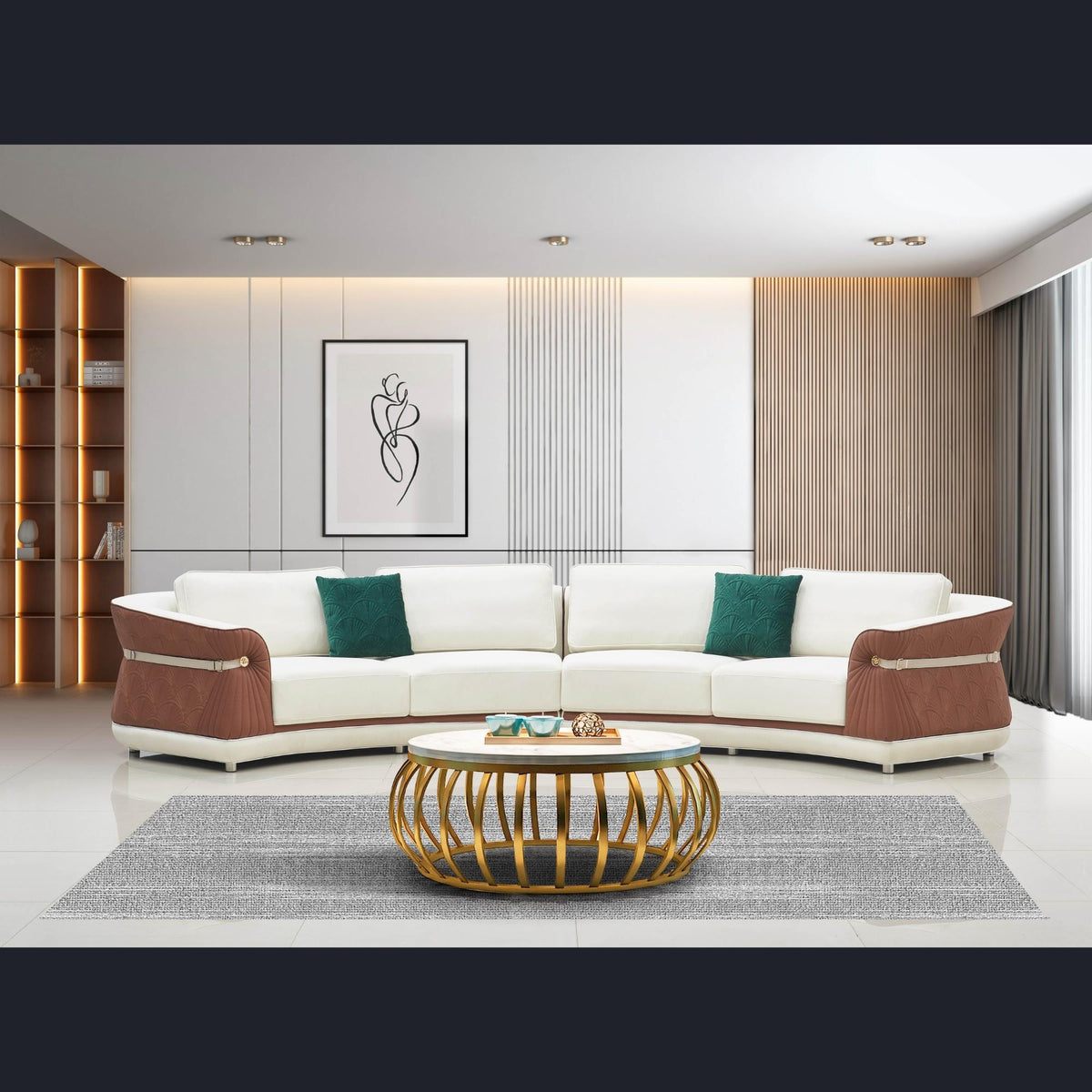 Bashar Curved Sectional Sofa – Two Tone Beige &amp; Brown