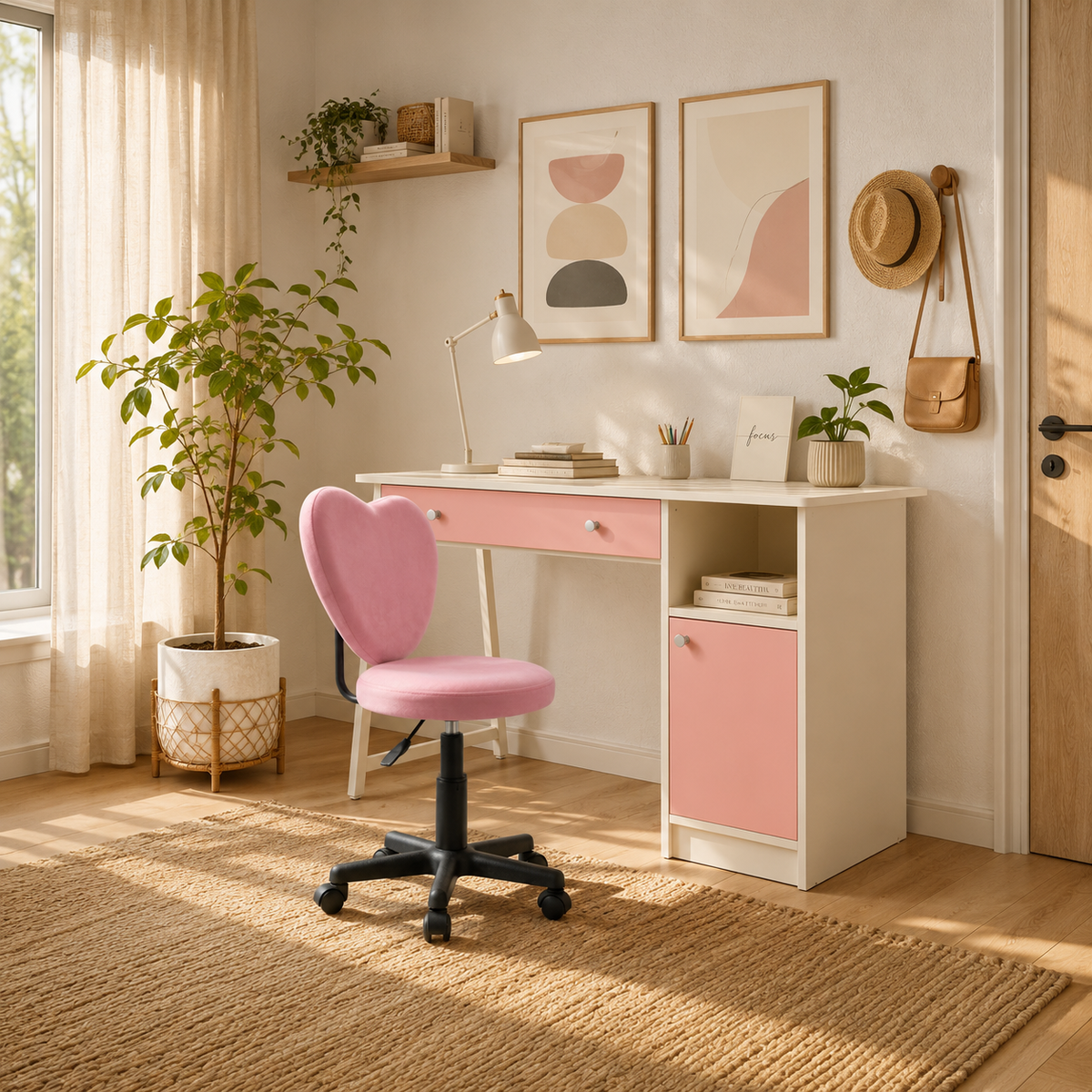 A styled home office scene featuring a white desk with pink drawer and cabinet fronts, a pink heart-shaped swivel chair, and a black wheeled base. The setup is in a warm, sunlit room with beige walls, a woven rug, potted plants, framed abstract art, and a straw hat hanging on a wall hook.