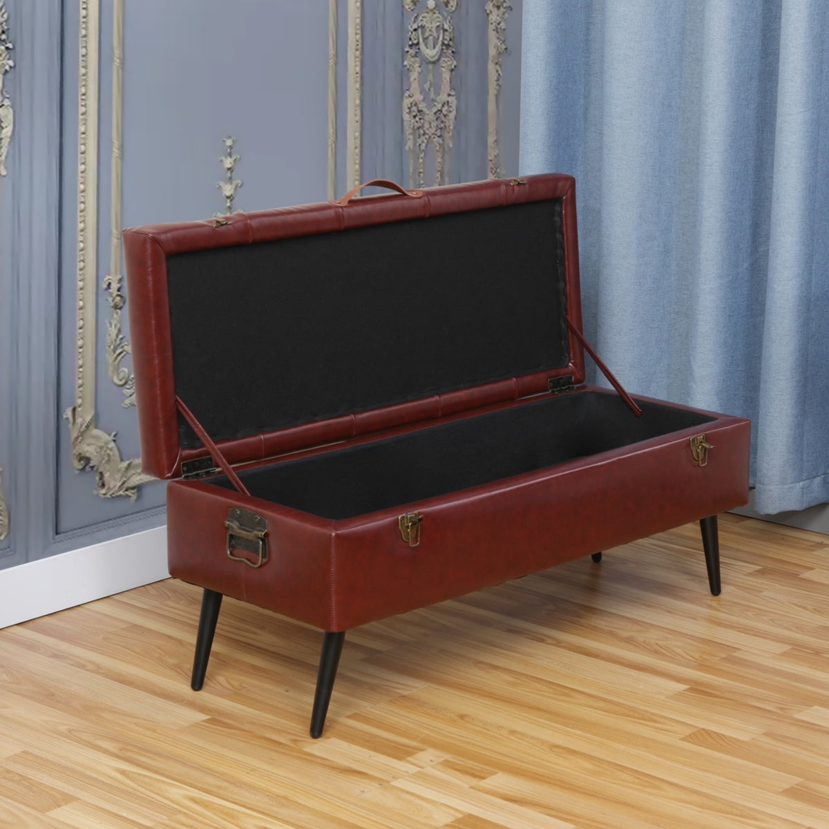 Karter Button Tufted Storage Bench Dark Brown open