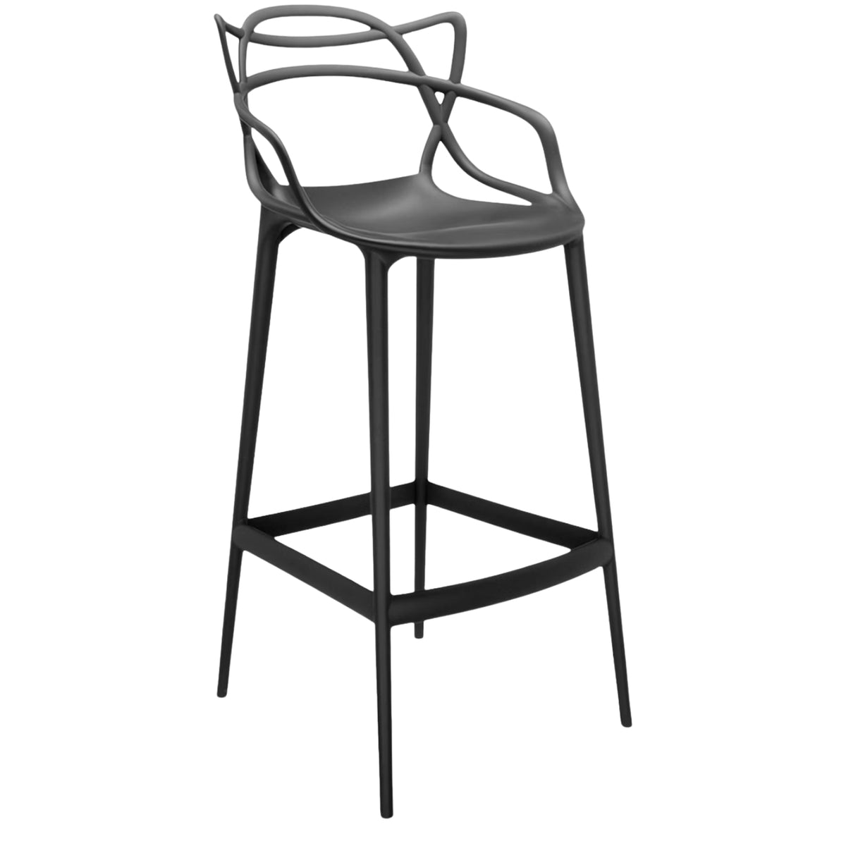 Black bar stool with armrests on a white background
