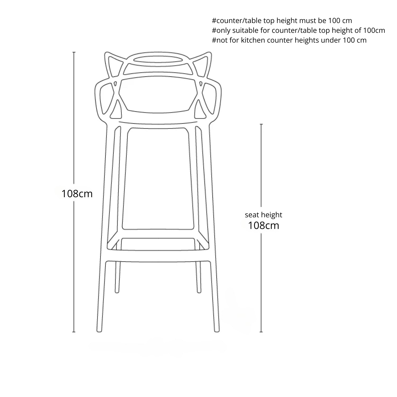 Line drawing of a bar stool with dimensions labeled on a white background