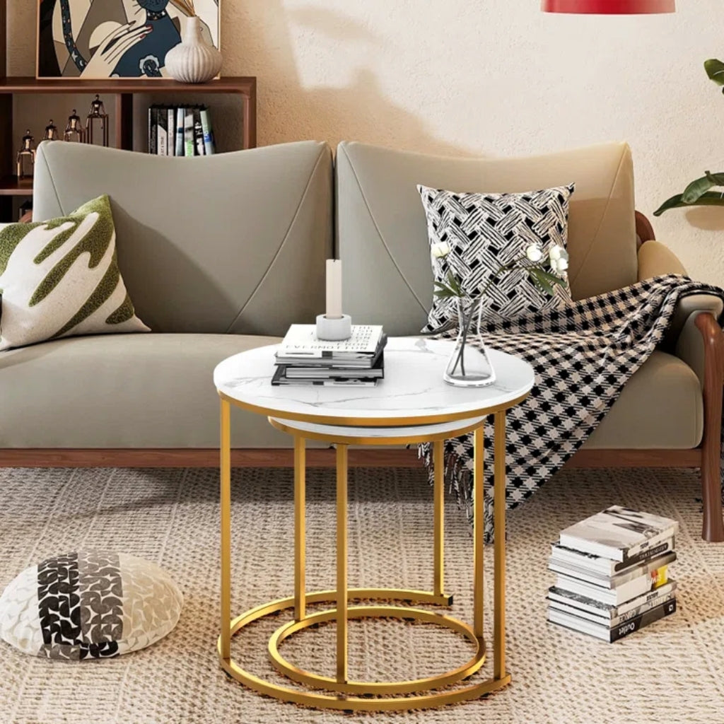 A cozy living room with a comfy couch, a lamp and the Dalia Nesting End Tables adding a stylish touch. 