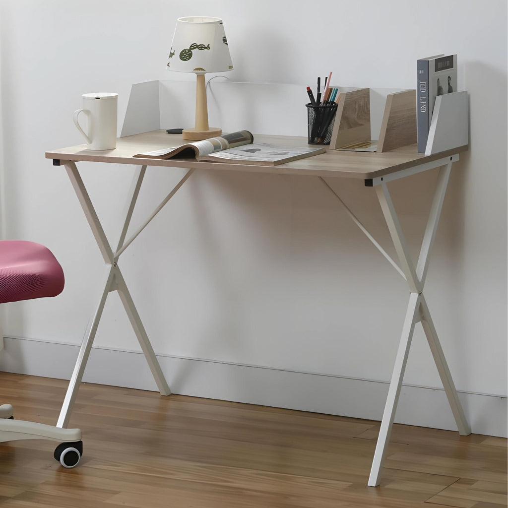 A farmhouse-style Wanda computer desk with a chair and a lamp on it.
