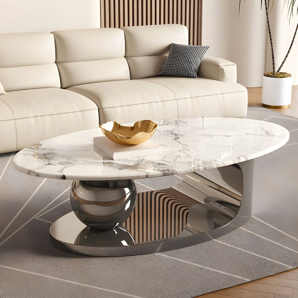 A modern living room with a sleek marble coffee table named Cavalleto dark silver.