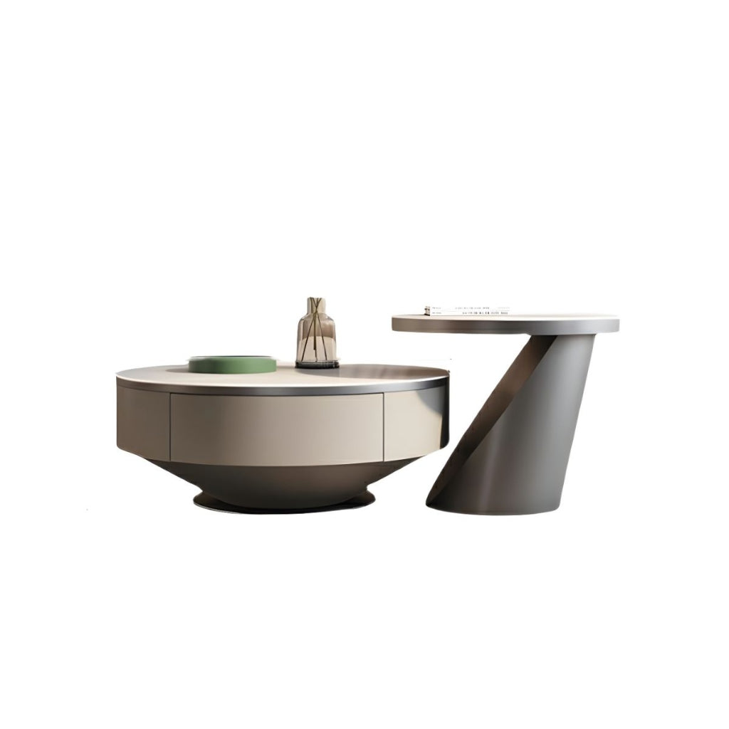 A sleek circular coffee table in Aspen Grey, perfect for modern interiors.