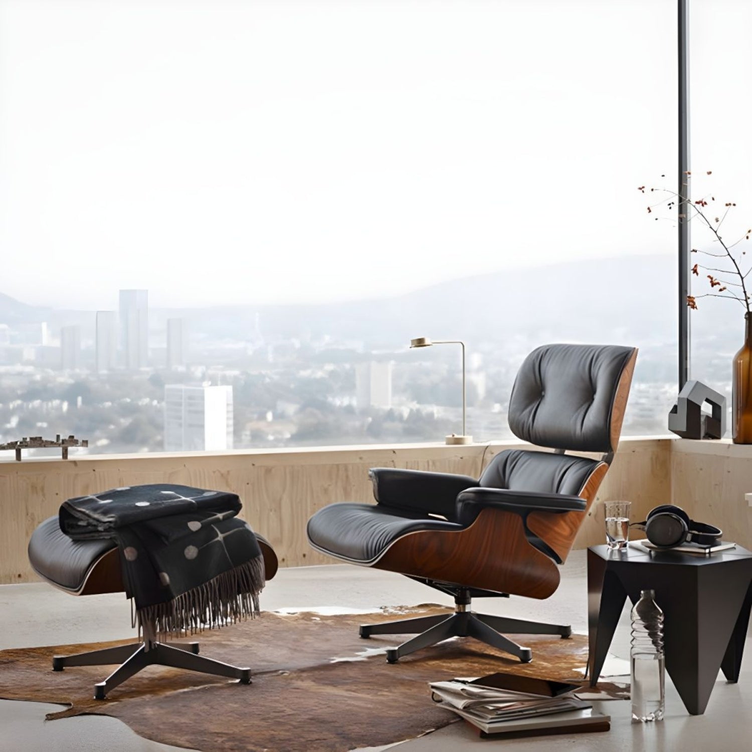 A stylish Eames lounge chair and ottoman positioned near a window, providing a serene spot to unwind.