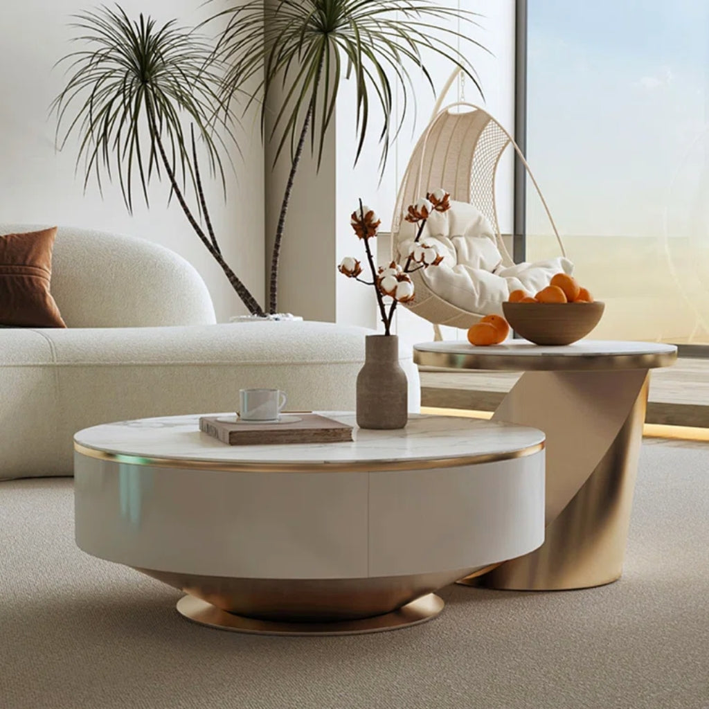 A stylish living room featuring a gold coffee table from Aspen Gold Coffee & End Table Set.