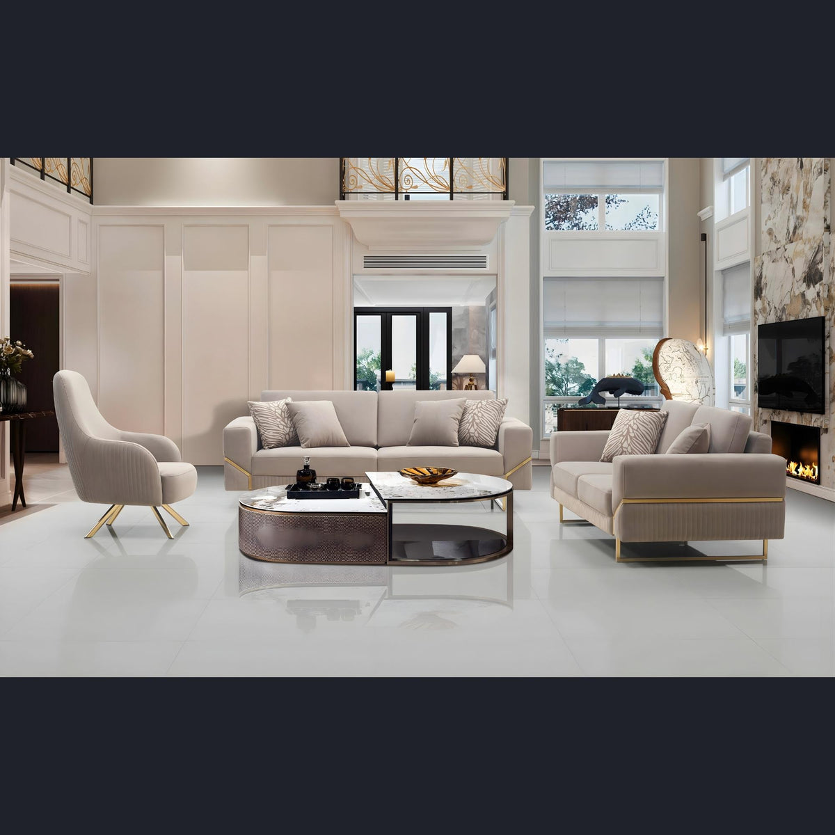 Alexa Sofa Set – Grey Gold Trim