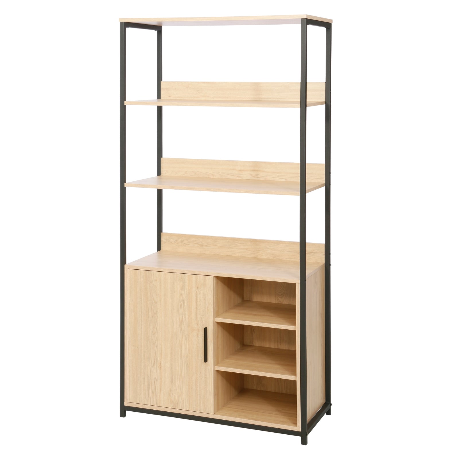 A tall wooden bookcase with a light oak finish and a black metal frame, featuring three open shelves, a top shelf, and a lower cabinet with one door and two open shelves.