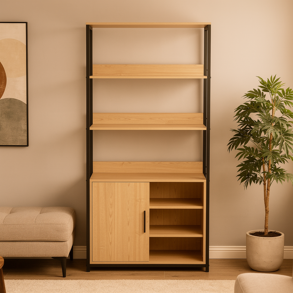 A tall wooden bookcase with a light oak finish and black metal frame, featuring three open shelves on top and a lower cabinet with two open shelves. The bookcase is styled in a living room setting next to a potted plant and a beige sofa.