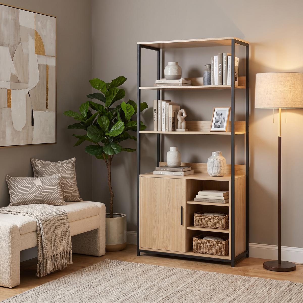 A modern two-tone bookshelf with light oak wood shelves and a black metal frame, styled in a cozy living room next to a bench, potted plant, and floor lamp.