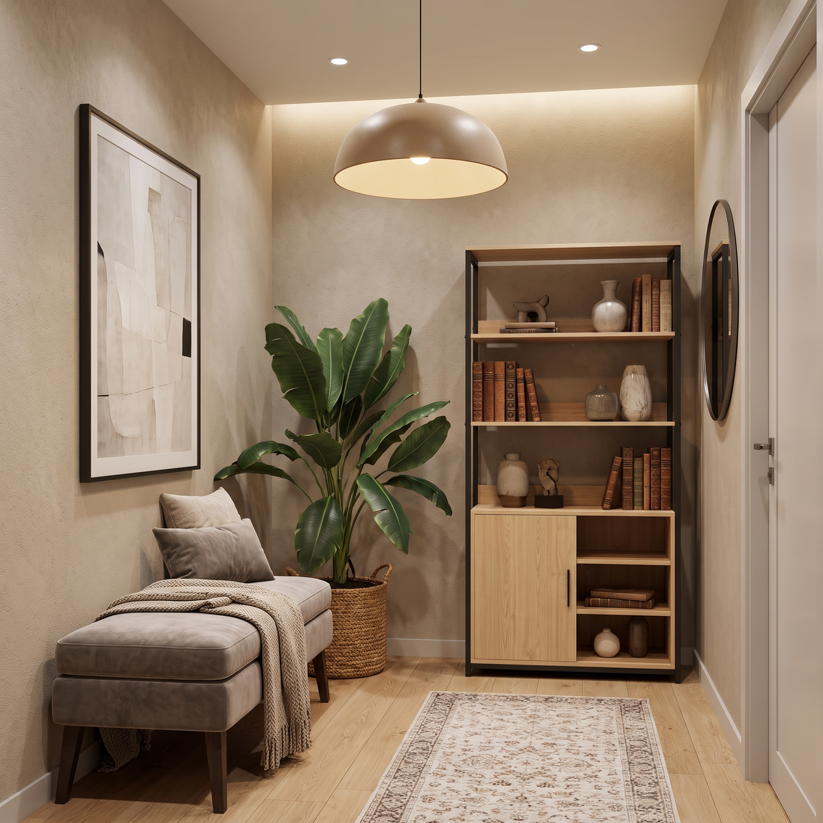 A light wood and black metal bookcase with three open shelves and a lower cabinet door, styled in a warm, sunlit room with books, plants, and a vase.