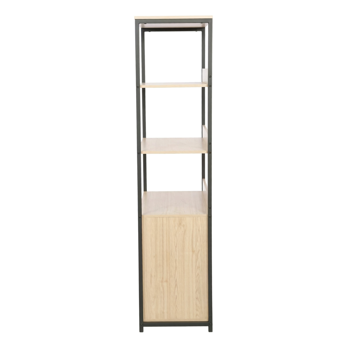 A tall, narrow shelving unit with three open shelves and a lower cabinet door, featuring light natural wood grain panels and a dark gray metal frame, shown against a plain white background.
