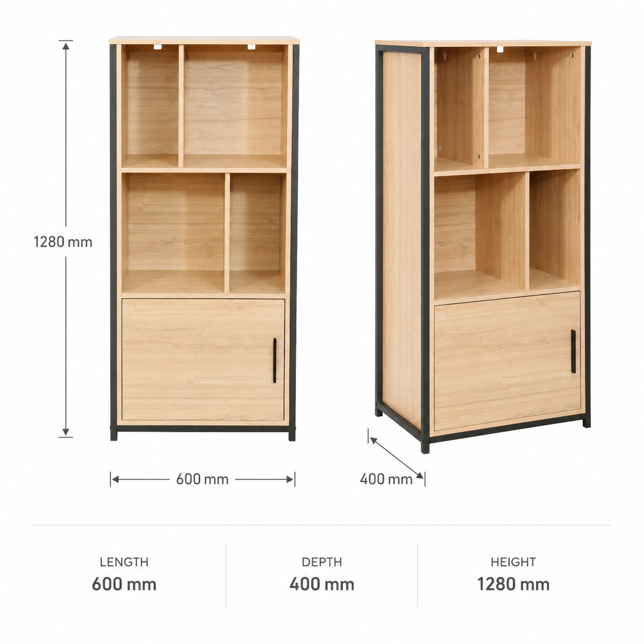 A tall open bookcase with a light wood grain finish and black metal frame, shown from two angles with dimension labels indicating 1280 mm height, 600 mm length, and 400 mm depth.