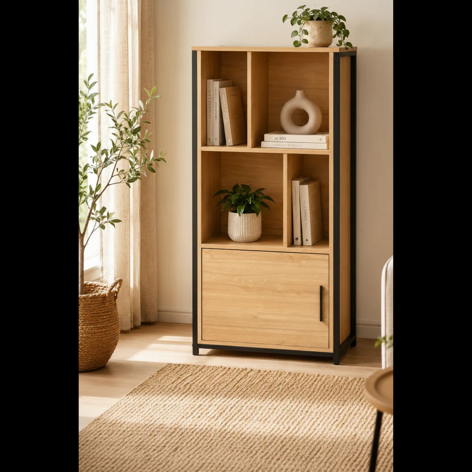 A light oak wood and black metal bookcase with open shelves and a lower cabinet door, styled in a warm, sunlit room next to a window with sheer curtains and potted plants.