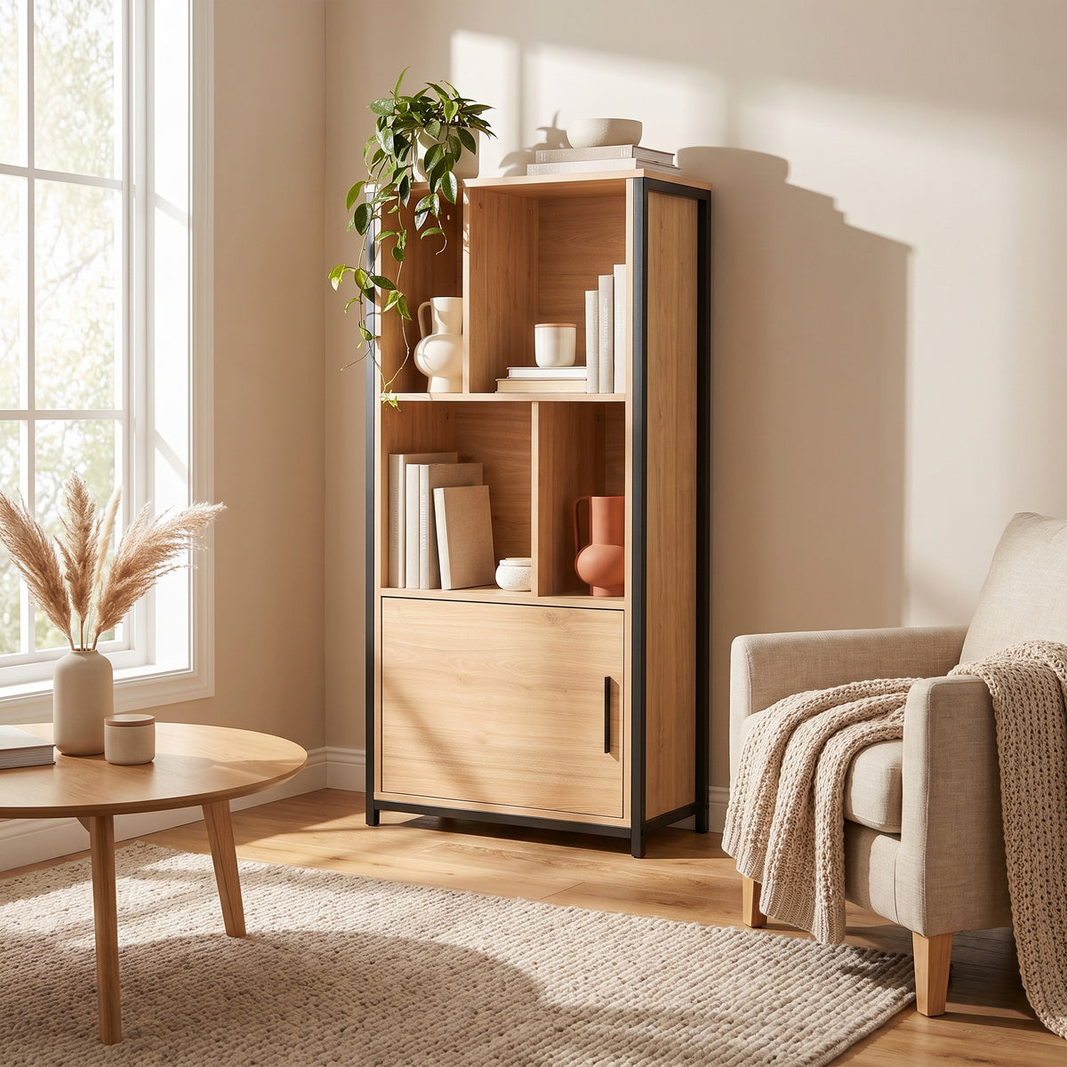 A tall wooden bookcase with black metal frame accents, styled in a bright living room next to a beige armchair and coffee table.