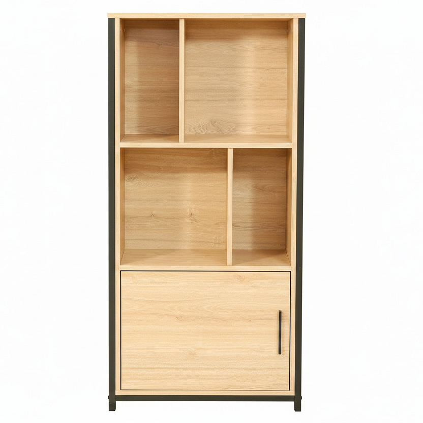 A tall, narrow wooden storage cabinet with open upper shelves and a lower door, shown against a plain white background.