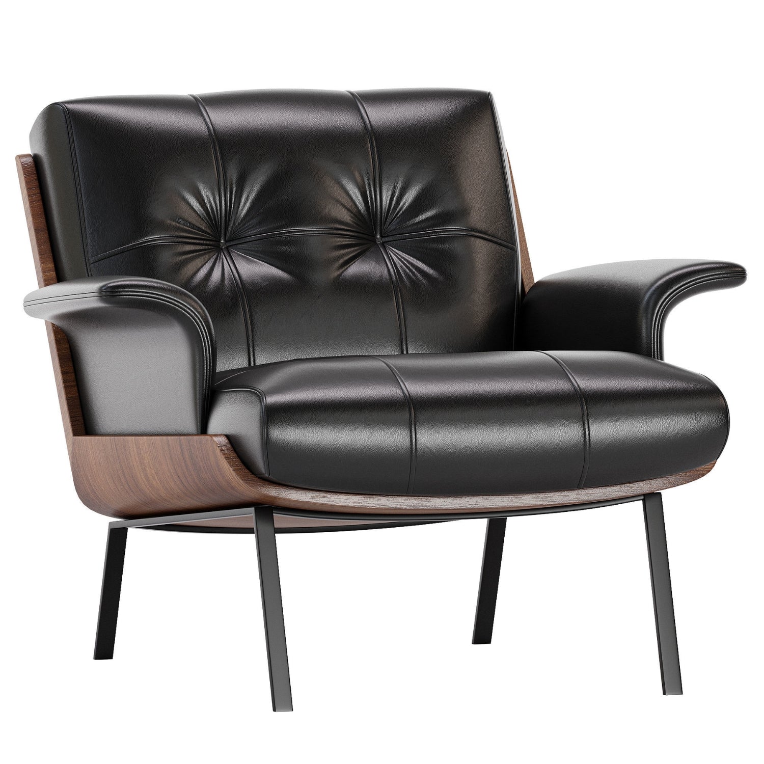 An exquisite Replica Daiki black leather lounge armchair featuring stylish wooden legs, offering both comfort and a touch of class.