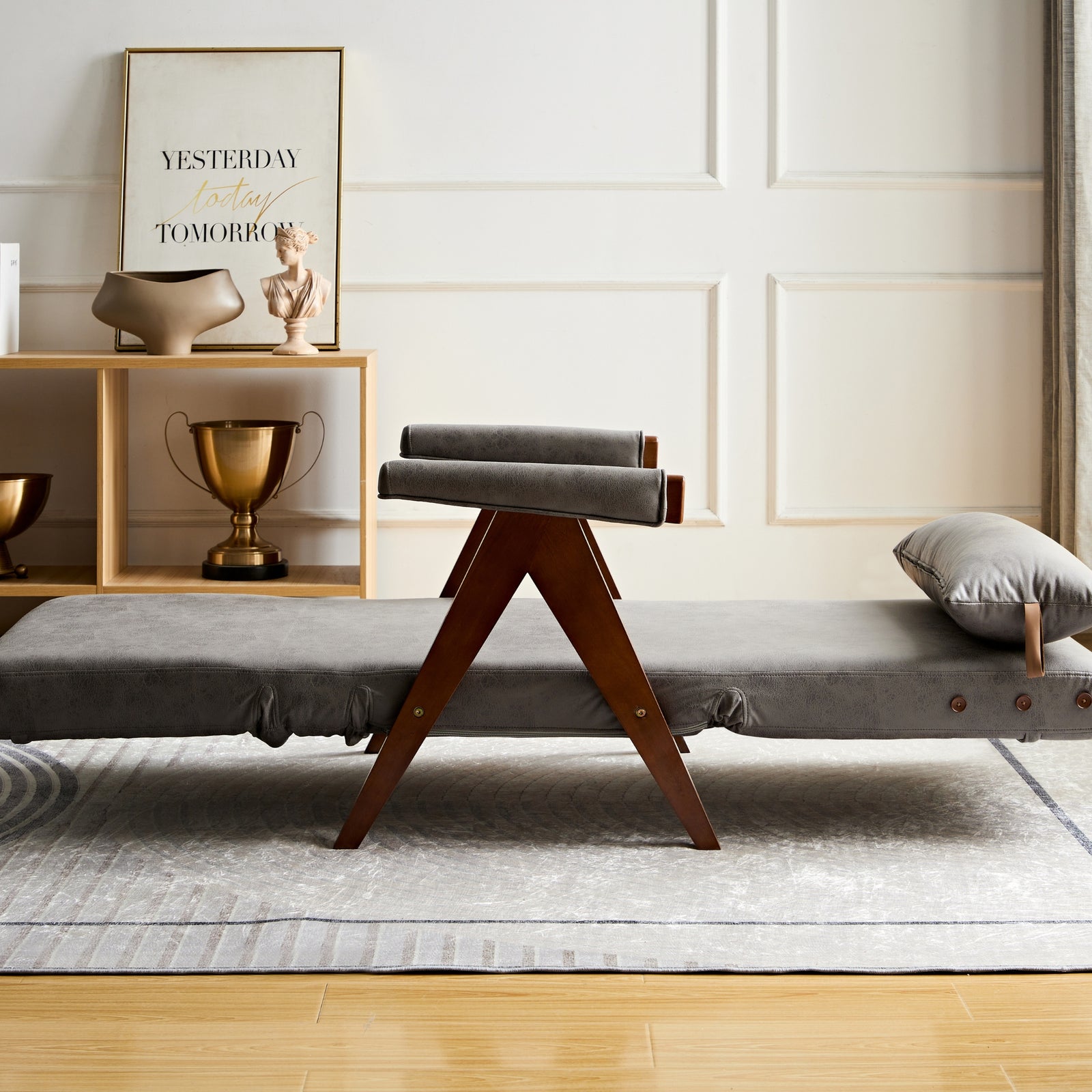 Ariton Tri-Fold Sleeper Convertible Chair: gray with wooden legs and cushion, made of solid wood.