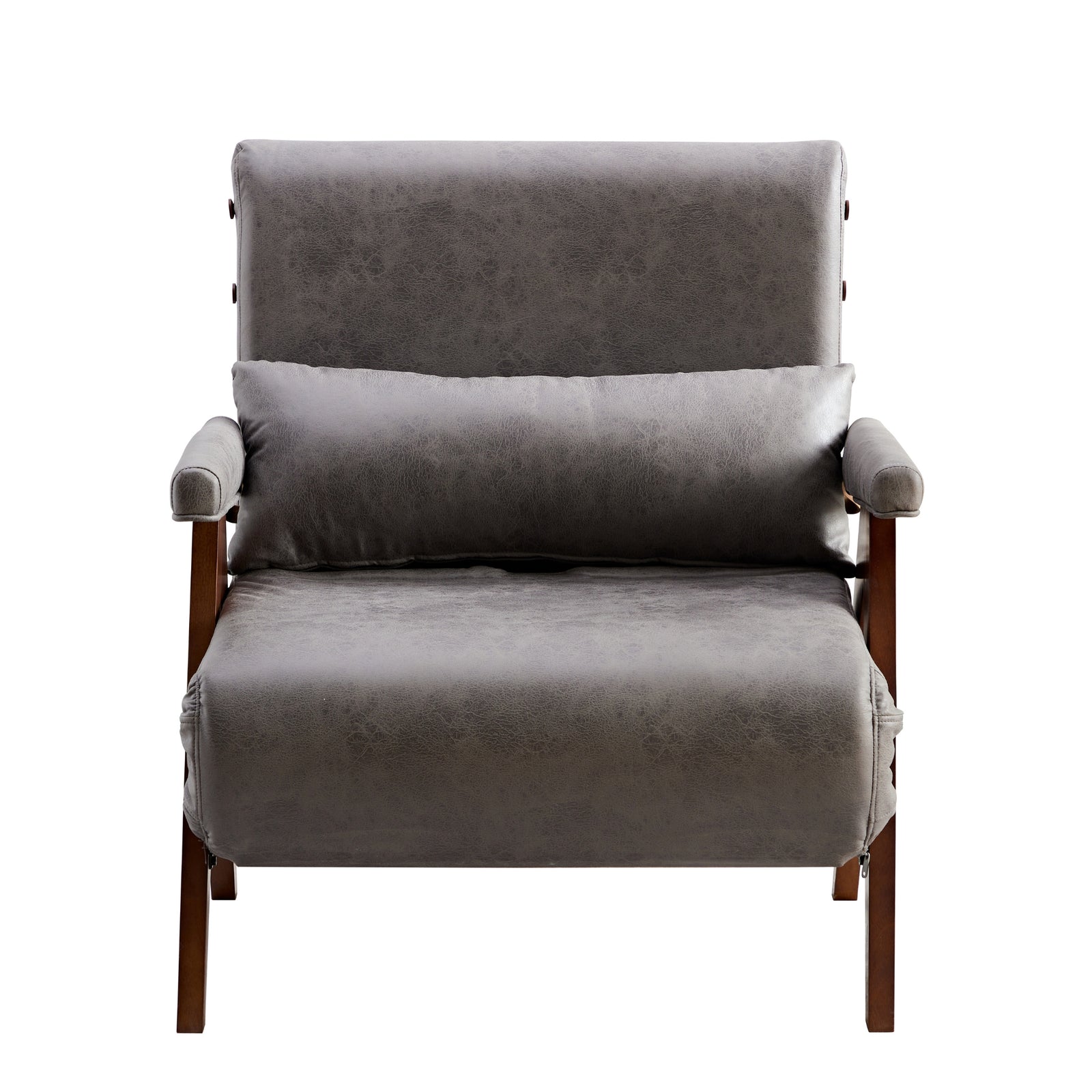 Stylish gray chair and wooden table - Ariton Tri-Fold Sleeper Convertible Chair with Pillow, made of solid wood.