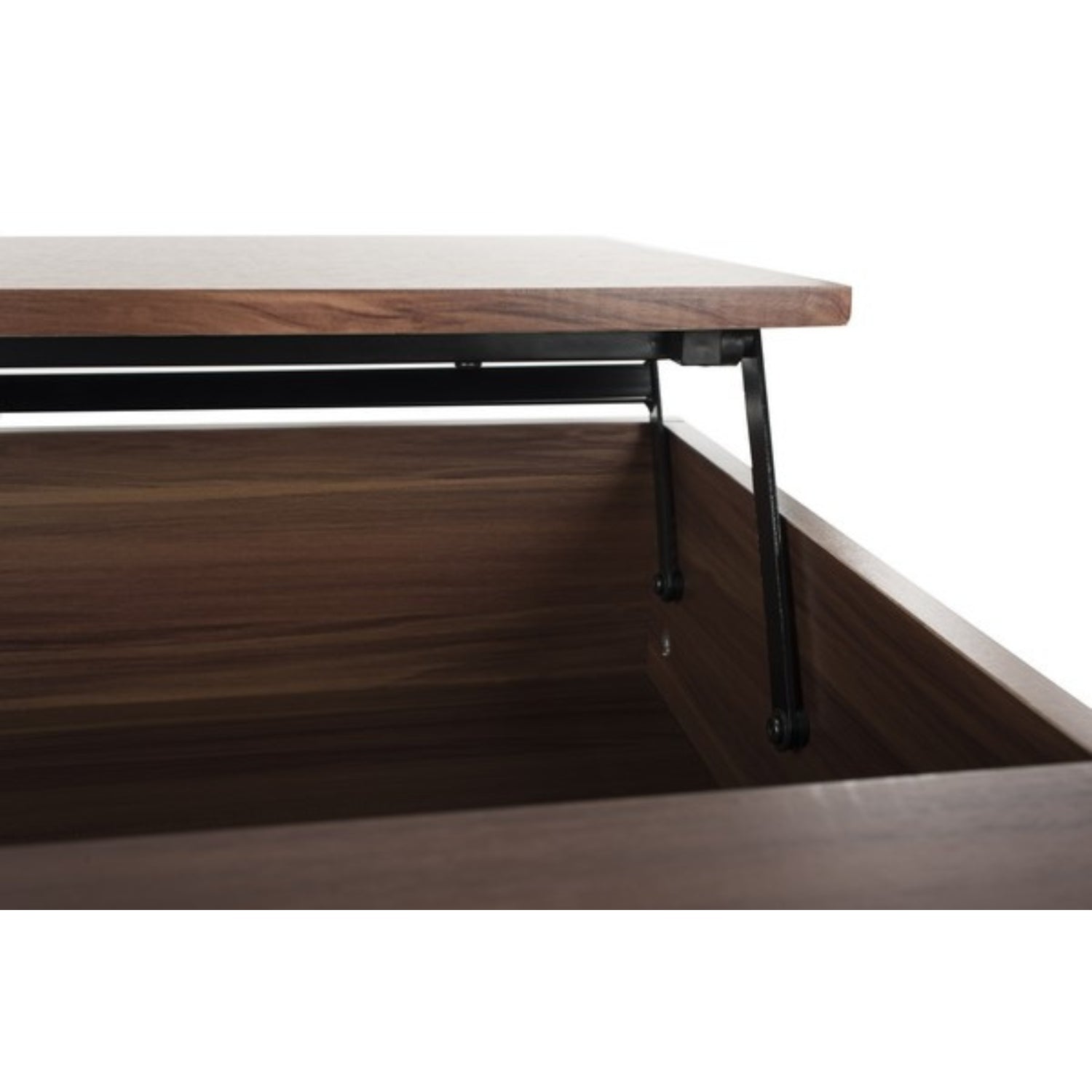 Askov Coffee Table Lift Top with wooden desk and black metal lever.