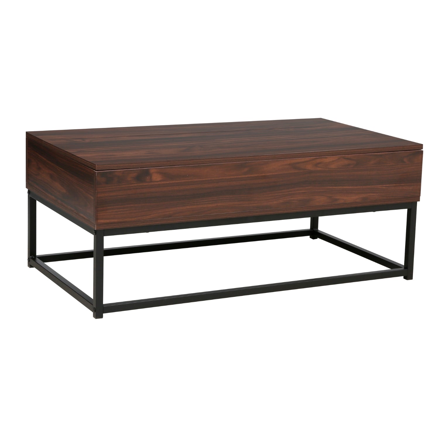 Sleek coffee table with black metal frame and wooden top.