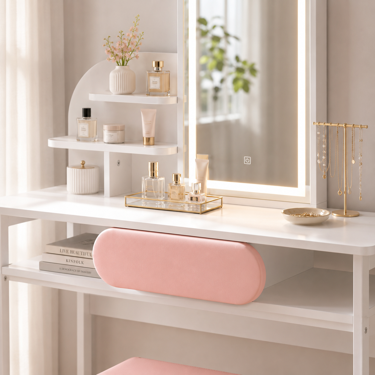 Close-up of Bella dressing table showing LED mirror, white finish and pink upholstered drawer.