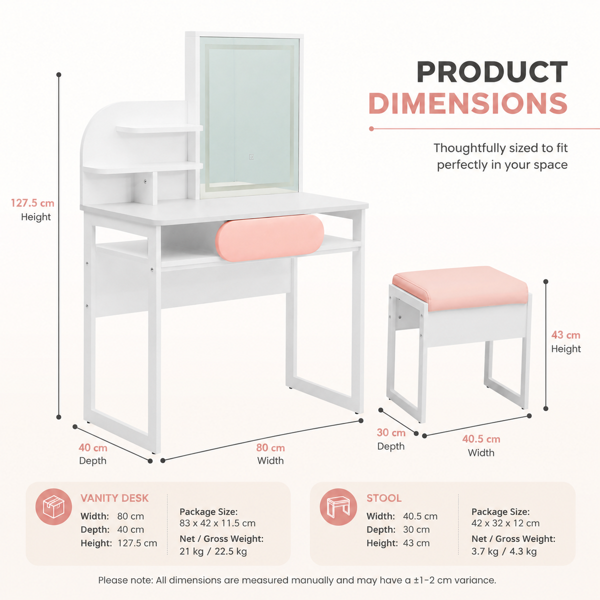 Dimensions of Bella dressing table showing LED mirror, white finish and pink upholstered drawer with stool.