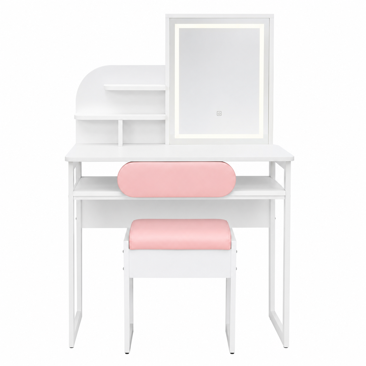 Bella white dressing table with LED mirror and pink stool on white background