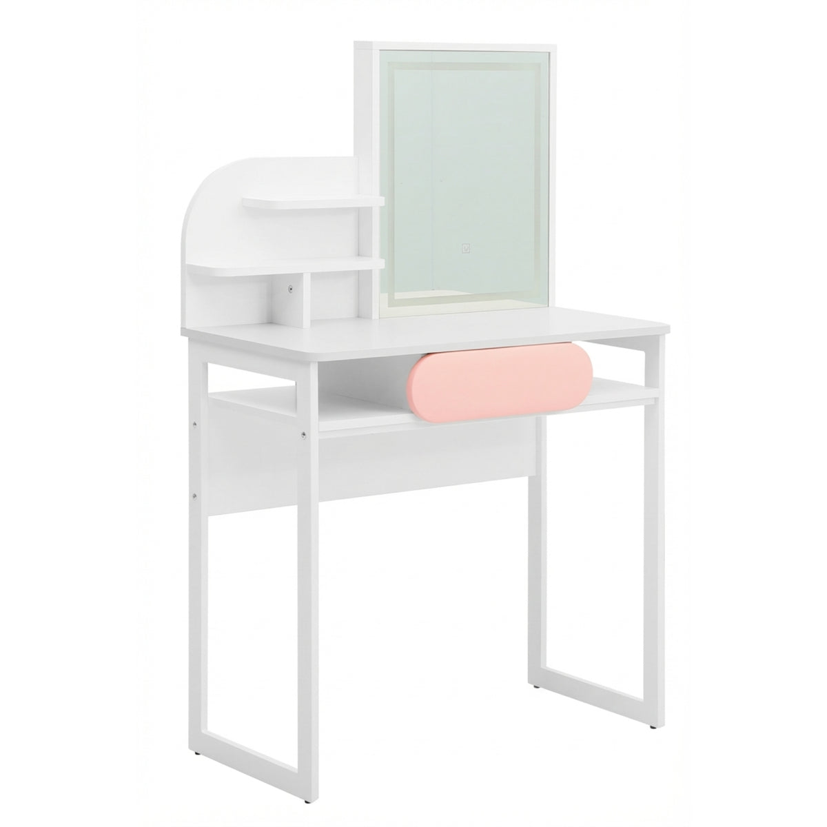 Bella white dressing table with LED mirror on white background at an angle.