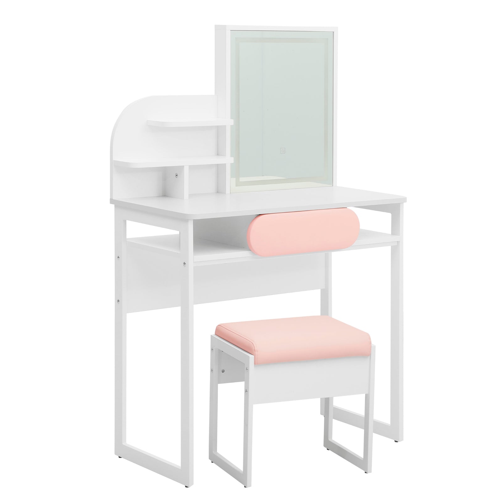 Bella white dressing table with LED mirror and pink stool on white background at an angle.