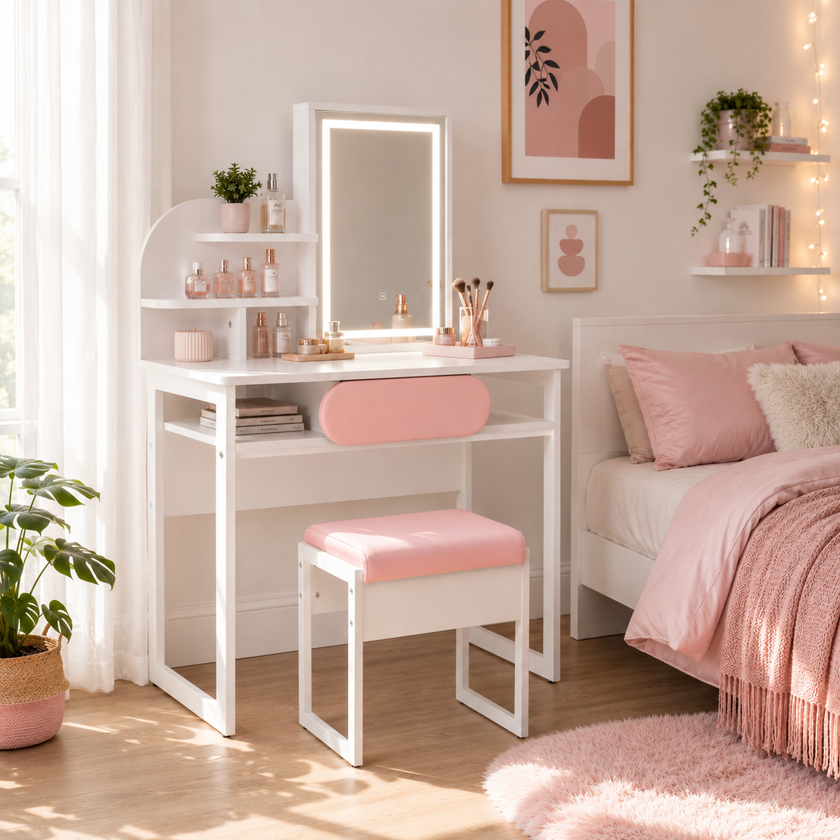 Bella white dressing table with LED mirror in a stylish teen girl's bedroom.