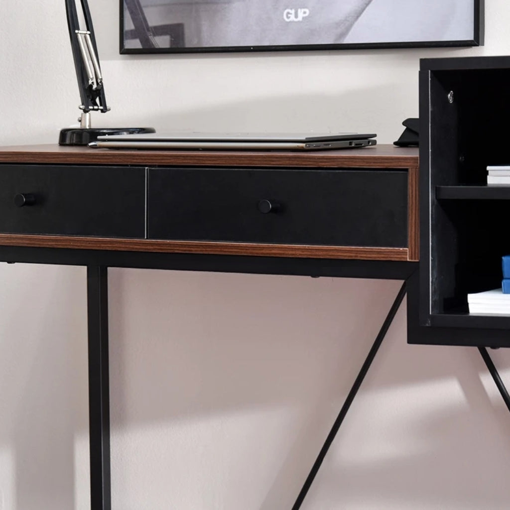 Black and brown Bloomsbury Writing Desk in a workspace drawer close up of dark brown table top and 2 black drawers.