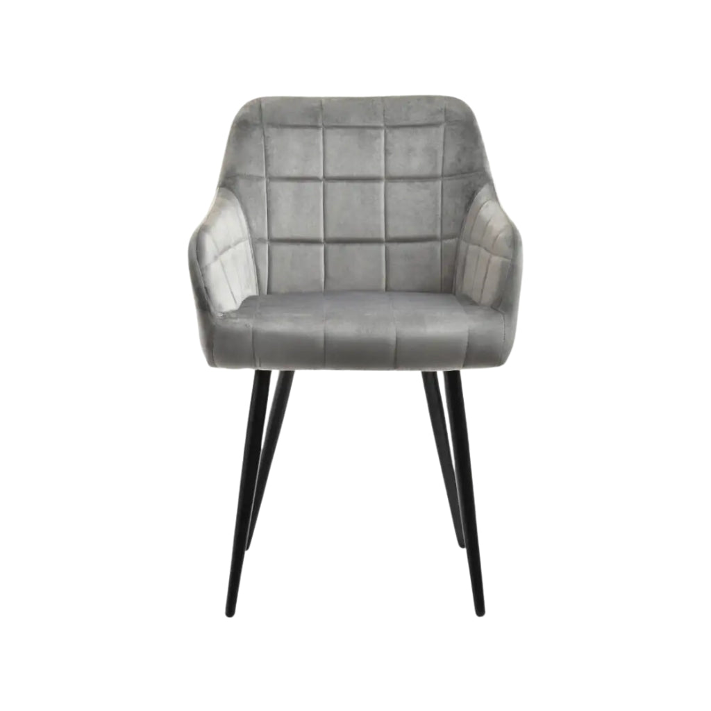 Campbell grey velvet dining chair with square tufting.