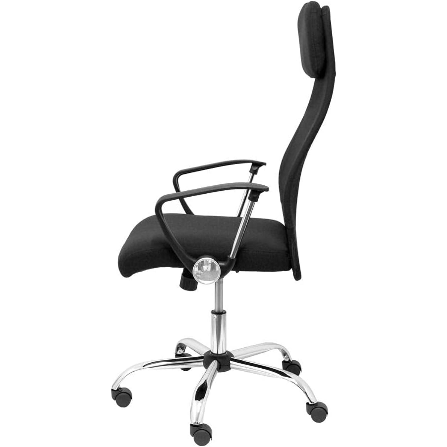 clio office chair in black showcasing a chrome base and arms.