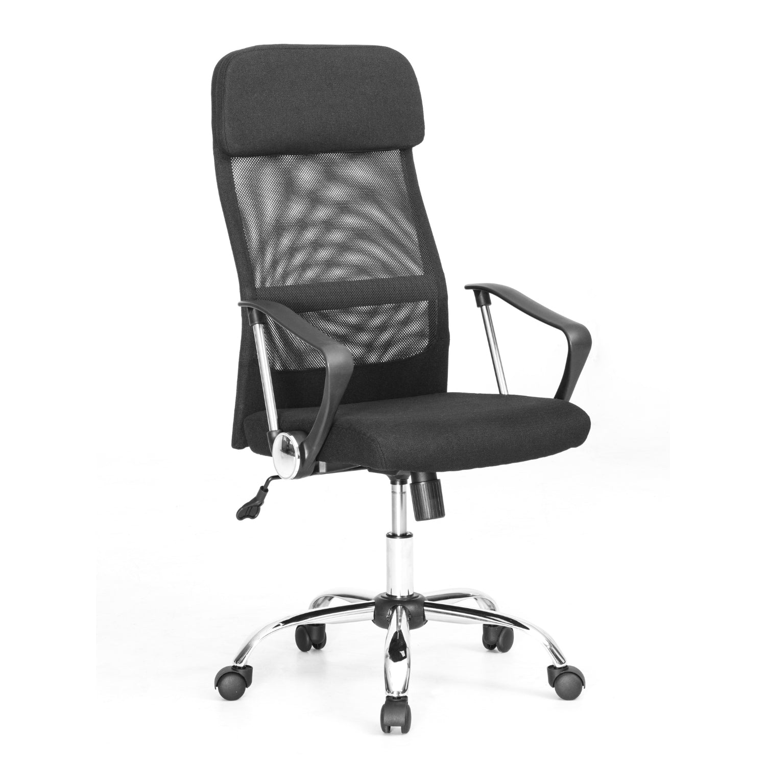 clio sleek black office chair with chrome wheels and arms.