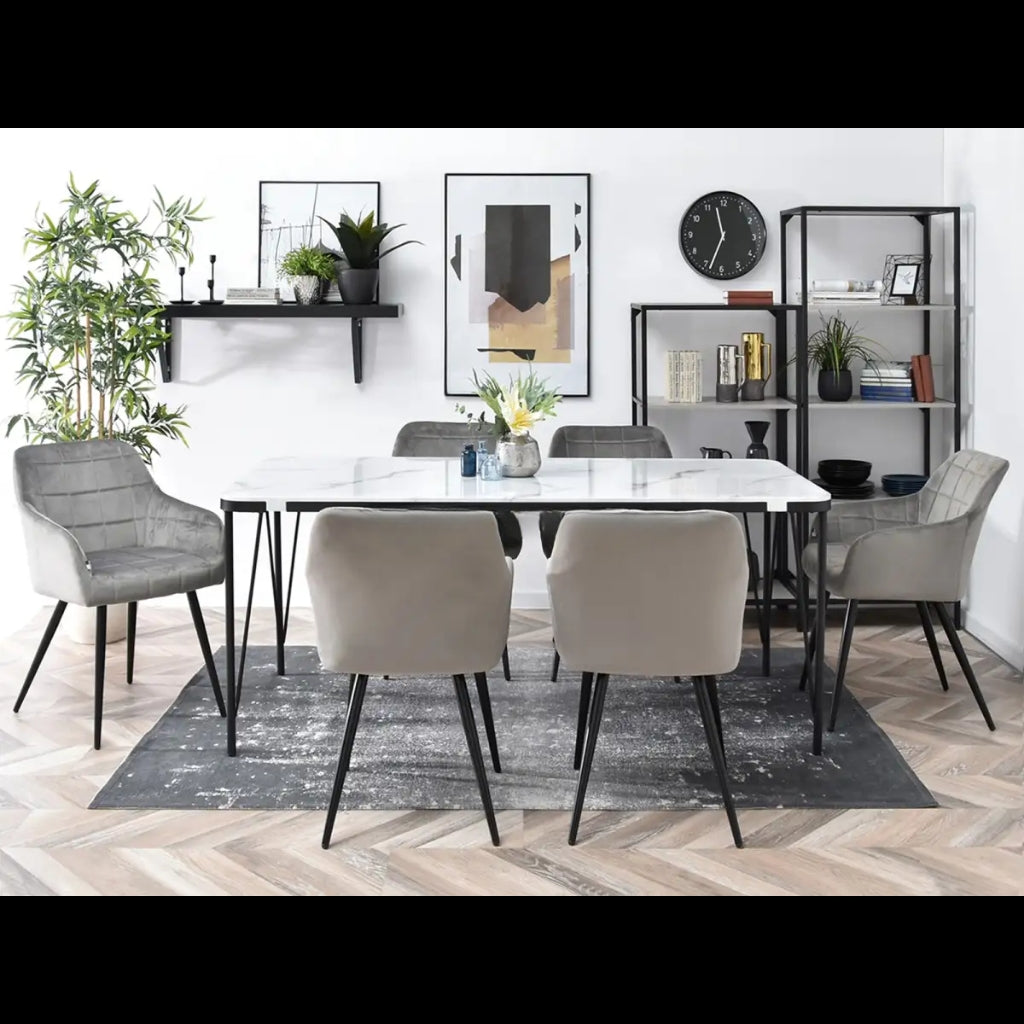 Contemporary dining set with table chairs and shelves highlighted by campbell grey velvet dining chair.