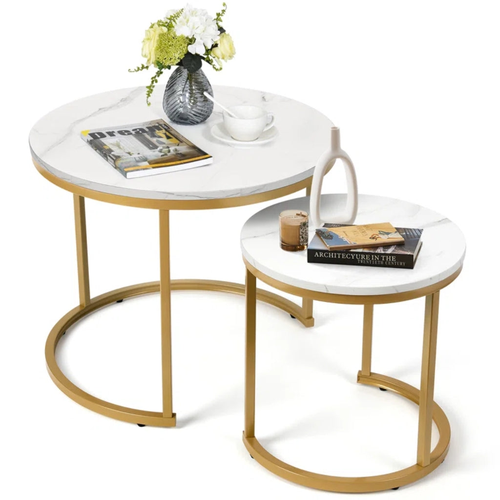 Dalia End Table Set Gold featuring two white marble tables with gold legs.