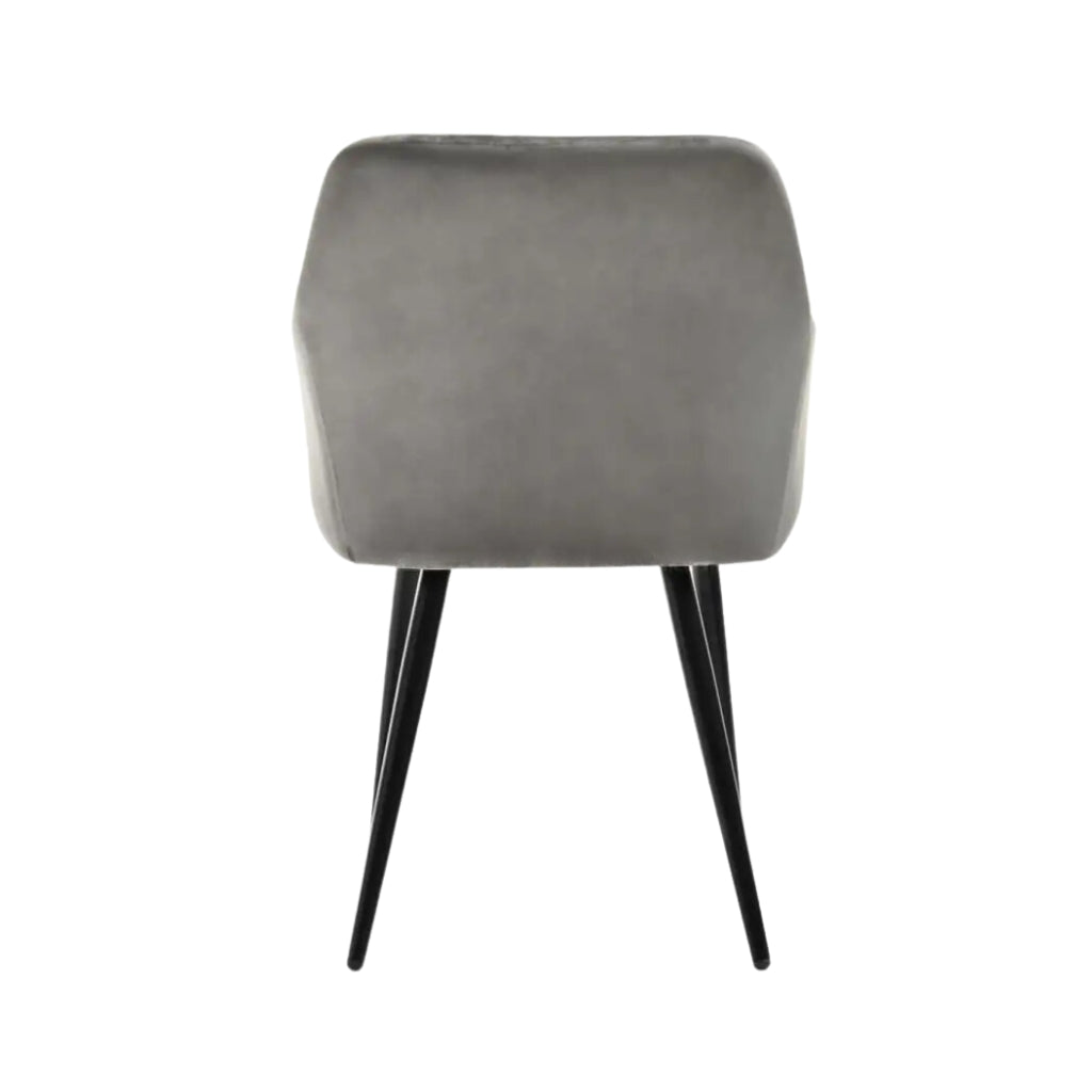 elegant campbell grey velvet chair view from the back with black legs.