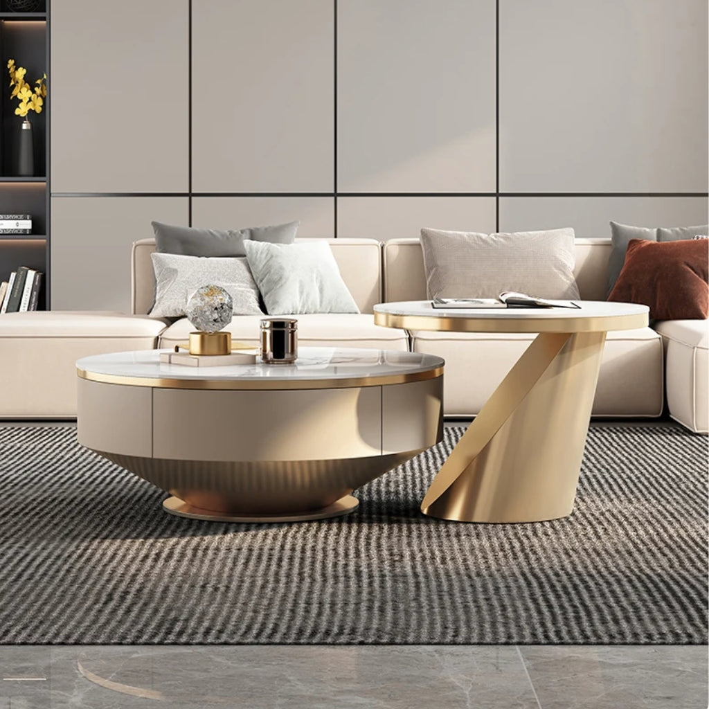 Enhance your living space with the Aspen Gold Coffee &amp; End Table Set, showcasing a gold coffee table with a glass top.