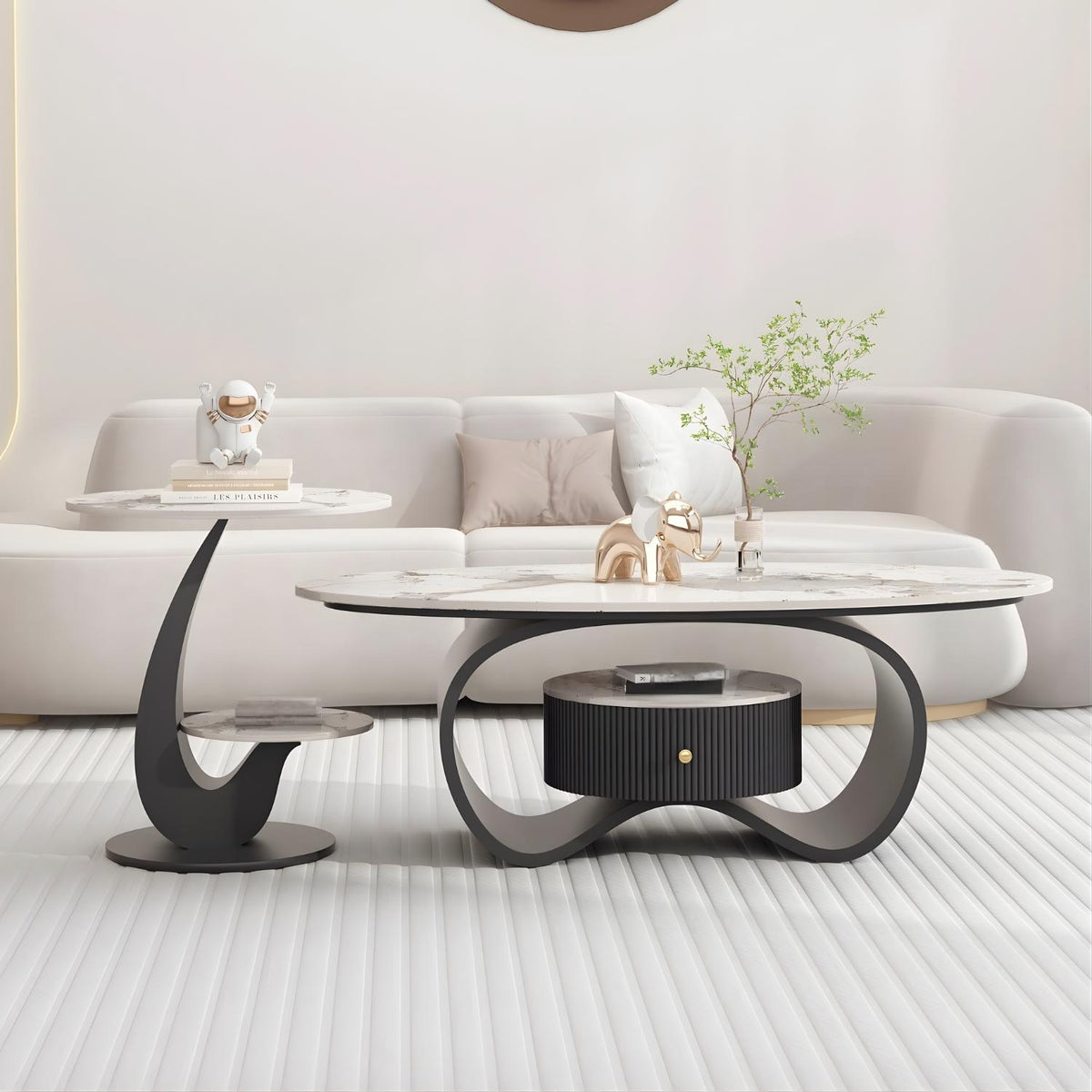 Fontein Bleu Coffee &amp; Side Table Set – Marble Look Stone