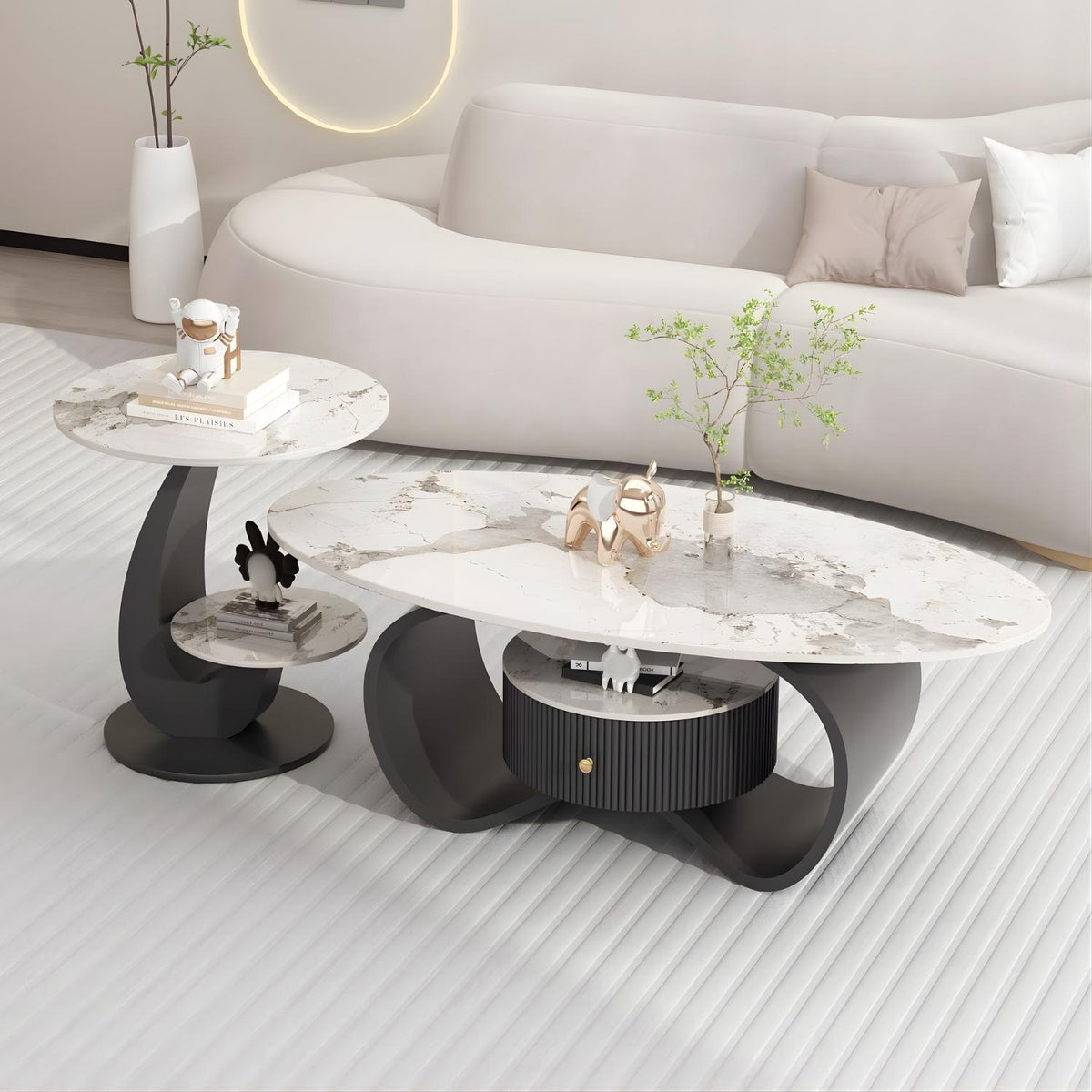 Fontein Bleu Coffee & Side Table Set – Marble Look Stone